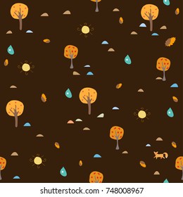 Seamless Tree Pattern with small trees, hills and rain drops. Vector Illustration