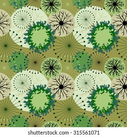 Seamless tree pattern. Textile collection. Green on khaki. 