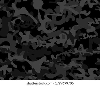 Seamless Tree Print. Dirty Camo Paint. Army Dark Canvas. Modern Black Texture. Gray Vector Pattern. Abstract Vector Background. Digital Black Camouflage Seamless Brush. Fabric Military Camoflage.