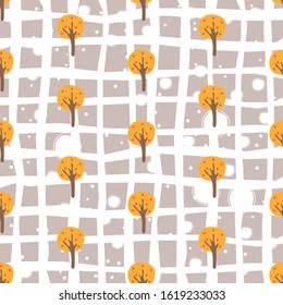 Seamless tree yellow autumn pattern on black background. Vector Illustration