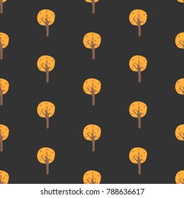 Seamless tree yellow autumn pattern on black background. Vector Illustration