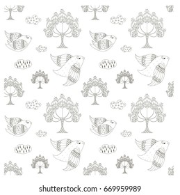 Seamless trees, birds, clouds monochrome pattern stock vector illustration