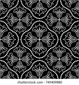 Nahtlose Trellis Muster von gepunkteten Mosaikblüten in Gruppen und Perlen. Blumenmotiv. Vektorgrafik.