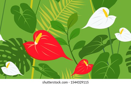 Seamless trend bright texture of tropical flowers and leaves. Anthurium, monstera in the jungle. Blooming garden of Eden in summer.