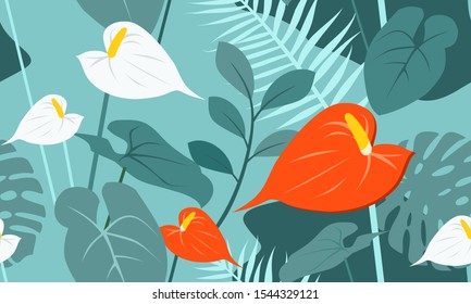Seamless trend bright texture of tropical flowers and leaves. Anthurium, monstera in the jungle. Blooming garden of Eden in summer.