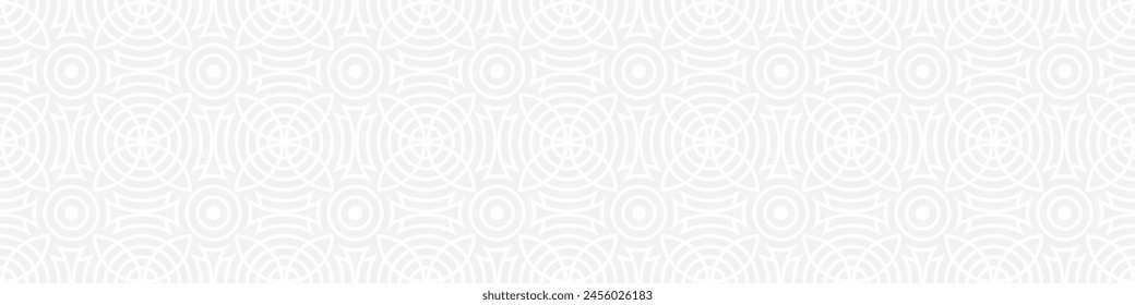 Seamless trend ornament of circles and arcs, geometric white shapes for textiles and wallpaper. Abstract panoramic pattern on a gray background for a New Year or wedding cover or card.