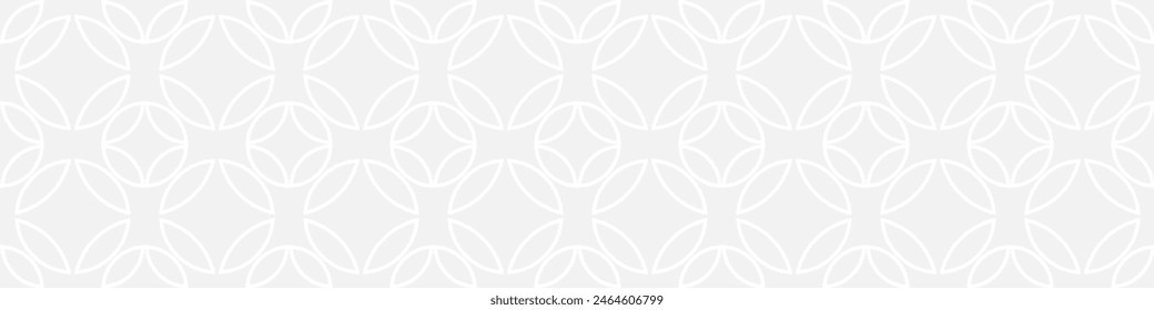 Seamless trend ornament of circles and arcs, geometric white shapes for textiles and wallpaper. Abstract panoramic pattern on a gray background for a New Year or wedding cover or card.