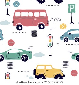 a seamless, trend pattern of cars. Transport background for children. A template with doodles of toy cars, road signs. for print, paper, banner. art vector illustration.