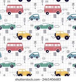 a seamless, trend pattern of cars. Transport background for children. A template with doodles of toy cars, road signs. for print, paper, banner. art vector illustration.