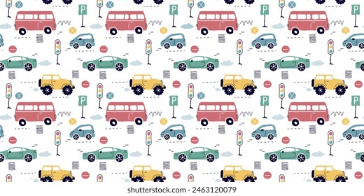 a seamless, trend pattern of cars. Transport background for children. A template with doodles of toy cars, road signs. for print, paper, banner. art vector illustration.