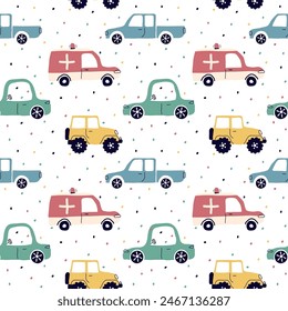 a seamless, trend pattern of cars. Transport background for children. A template with doodles of toy cars, dots, lines. for print, paper, banner. art vector illustration.