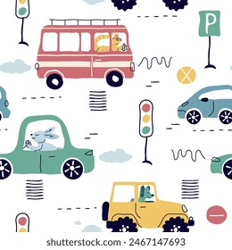 a seamless, trend pattern of cars. Transport background for children. A template with doodles of toy cars, road signs. cute animals. for print, paper, childrens. art vector illustration.