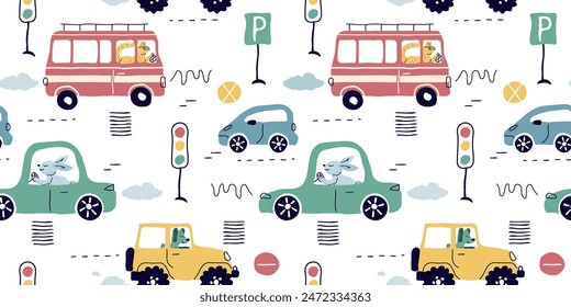 un patrón de tendencia de los coches sin costuras. Fondo de transporte para niños. Una Plantilla con garabatos de coches de juguete, señales de tráfico. para impresión, papel, Anuncio. arte Ilustración vectorial.