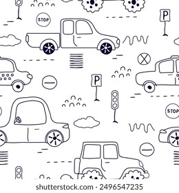 a seamless, trend pattern of cars. Transport background for children. A template with doodles of toy cars, road signs. for print, paper, banner. art vector illustration.