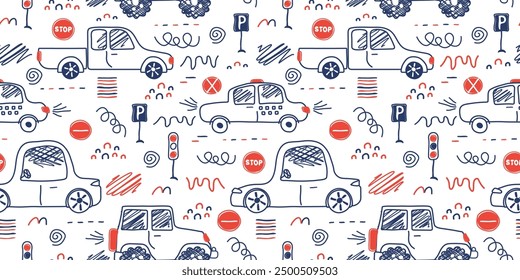 a seamless, trend pattern of cars. Transport background for children. A template with doodles of toy cars, road signs. for print, paper, banner. art vector illustration.