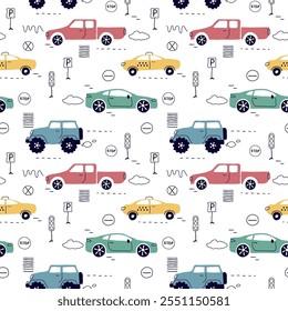 a seamless, trend pattern of cars. Transport background for children. A template with doodles of toy cars, road signs. for print, paper, banner. art vector illustration.