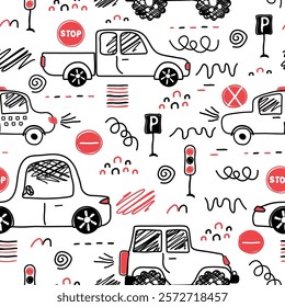 a seamless, trend pattern of cars. Transport background for children. A template with doodles of toy cars, road signs. for print, paper, banner. art vector illustration.