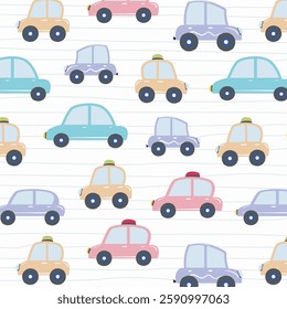 a seamless, trend pattern of cars. Transport background for children. A template with doodles of toy cars, road signs. for print, paper, banner. art vector illustration.