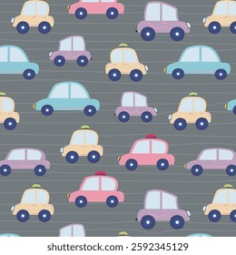 a seamless, trend pattern of cars. Transport background for children. A template with doodles of toy cars, road signs. for print, paper, banner. art vector illustration.