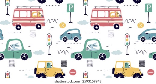 a seamless, trend pattern of cars. Transport background for children. A template with doodles of toy cars, road signs. cute animals. for print, paper, childrens. art vector illustration.