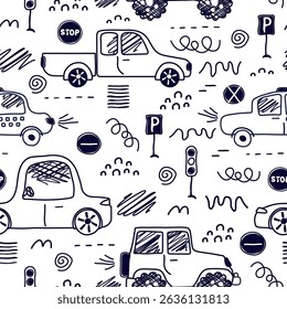 a seamless, trend pattern of cars. Transport background for children. A template with doodles of toy cars, road signs. for print, paper, banner. art vector illustration.