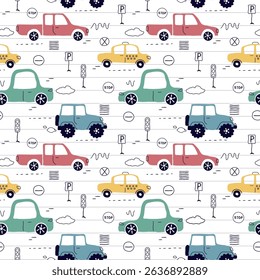 a seamless, trend pattern of cars. Transport background for children. A template with doodles of toy cars, road signs. for print, paper, banner. art vector illustration.
