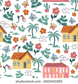 a seamless, trend pattern of house with flowers, nature.  cute transport background for children. A template with doodles of toy houses, palms, trees. for print, paper, banner. art vector illustration