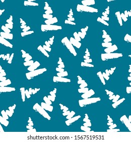 Seamless trend pattern with minimalistic hand drawn white Christmas trees isolated on mosaic blue background. New Year minimal creative concept. Vector illustration. Wallpaper, fabric, textile.