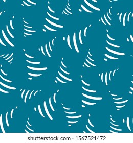 Seamless trend pattern with minimalistic hand drawn white Christmas trees isolated on mosaic blue background. New Year minimal creative concept. Vector illustration. Wallpaper, fabric, textile.