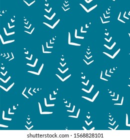 Seamless trend pattern with minimalistic hand drawn white Christmas trees isolated on mosaic blue background. New Year minimal creative concept. Vector illustration. Wallpaper, fabric, textile.