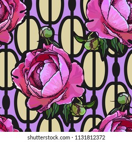 Seamless trend pattern - peony flower on ornamental background. Vintage style
