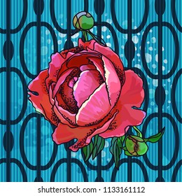 Seamless trend pattern - peony flower on ornamental background. Vintage style