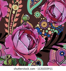 Seamless trend pattern - peony flowers and paisley.