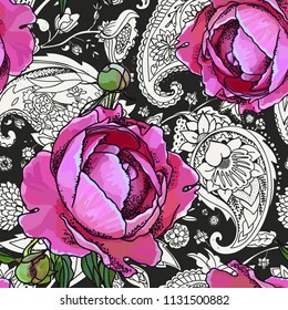 Seamless trend pattern - peony flowers and paisley.