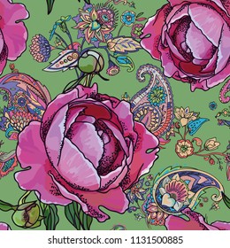 Seamless trend pattern - peony flowers and paisley.