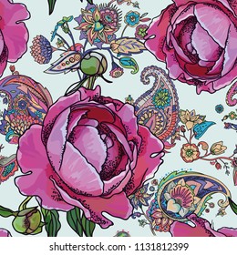 Seamless trend pattern - peony flowers and paisley.