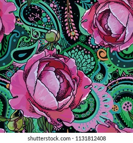 Seamless trend pattern - peony flowers and paisley.