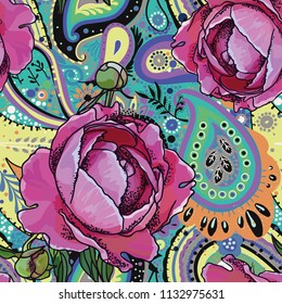 Seamless trend pattern - peony flowers and paisley.