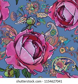 Seamless trend pattern - peony flowers and paisley.