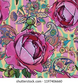 Seamless trend pattern - peony flowers and paisley. Artistic drawing in vector, not autotrace.