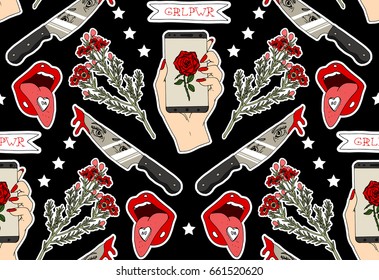Seamless trend pattern. Set of stickers, pins, patches and handwritten notes collection in cartoon.Knife, lips, phone and flowers. Vector illustration