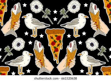 Seamless trend pattern. Set of stickers, pins, patches and handwritten notes collection in cartoon.Gull, ice cream,pizza and flowers. Vector illustration