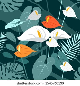 Seamless trend texture of tropical flowers and leaves. Anthurium, monstera in the jungle. Blooming garden of Eden in summer.