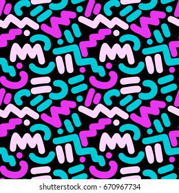 Seamless trendy 80s-90s memphis style pattern with geometric stripes and shapes.