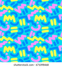 Seamless trendy 80s-90s memphis style pattern with geometric stripes and shapes.