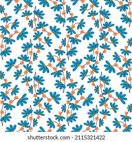 Seamless trendy abstract floral pattern, hand drawn style. Blue, yellow plants, vector