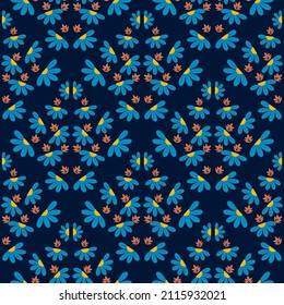 Seamless trendy abstract floral pattern, hand drawn style. Blue flowers, plants, garden, summer natural print, dark blue  background, vector