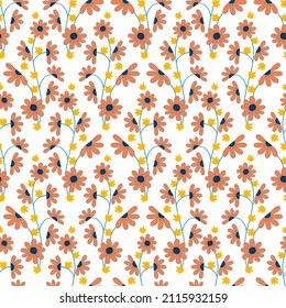 Seamless trendy abstract floral pattern, hand drawn style. Orange flowers, plants, garden, summer natural print, white background, vector