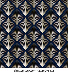 Seamless trendy abstract geometric pattern, art deco style. Gradient, gold, dark blue background, vector