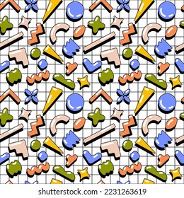 Seamless trendy abstract geometric pattern in Memphis style. Hand drawn vector background.